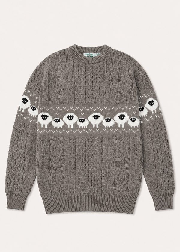 Oversized Aran Crew Neck Merino Wool Sheep Sweater | Brown