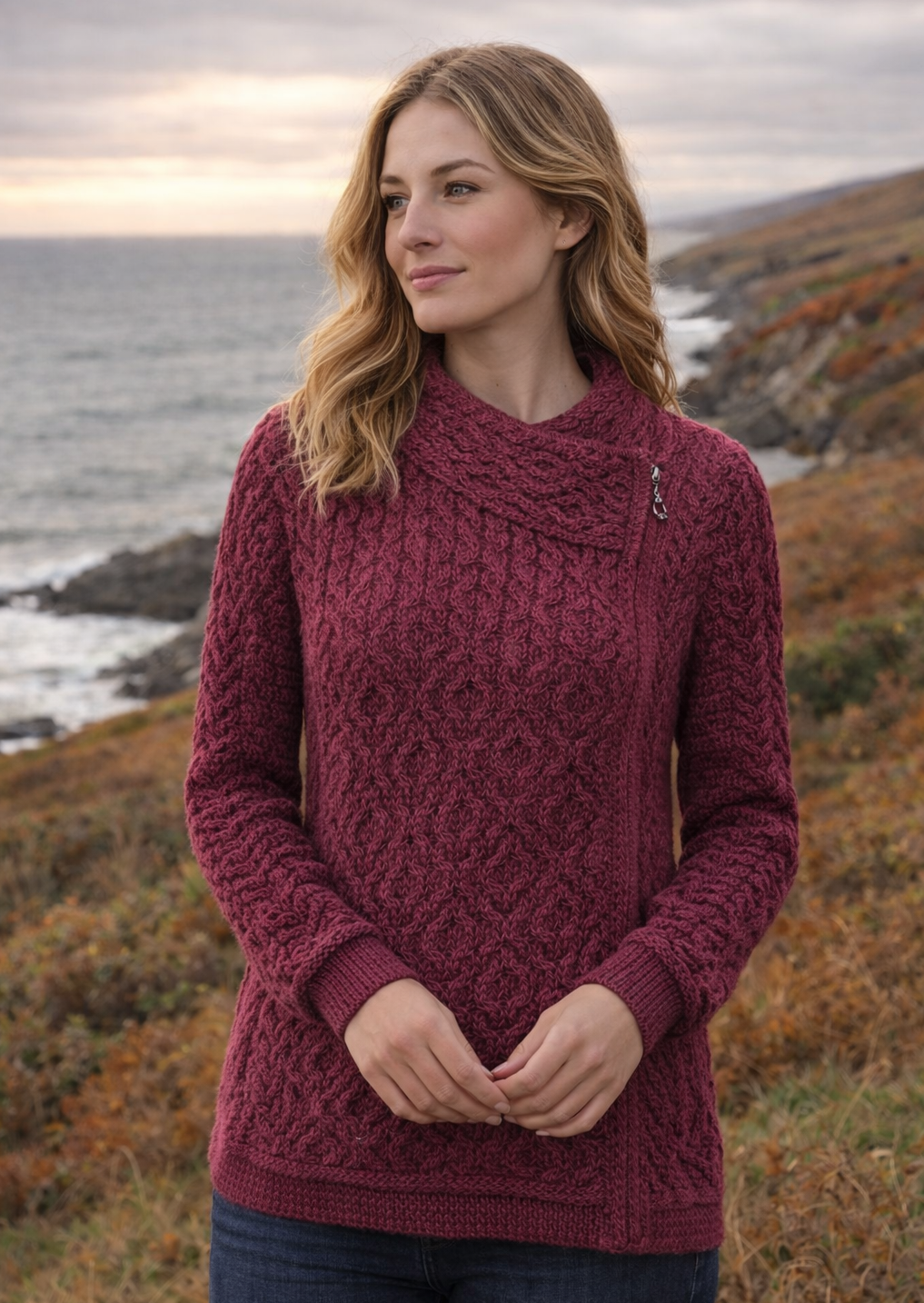 Claddagh Zip Aran Cardigan | Raspberry | 100% Merino Wool - Clearance
