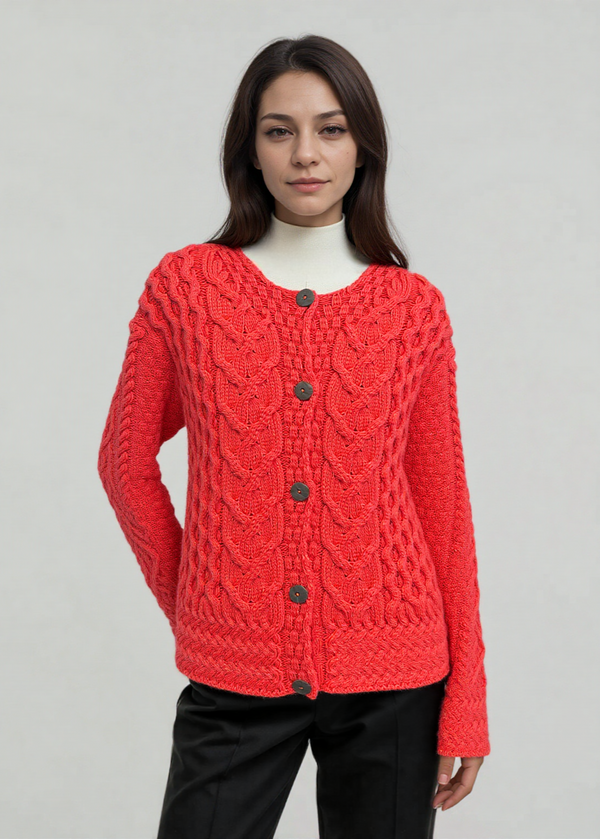 Aran Cable Knit Cardigan | Coral
