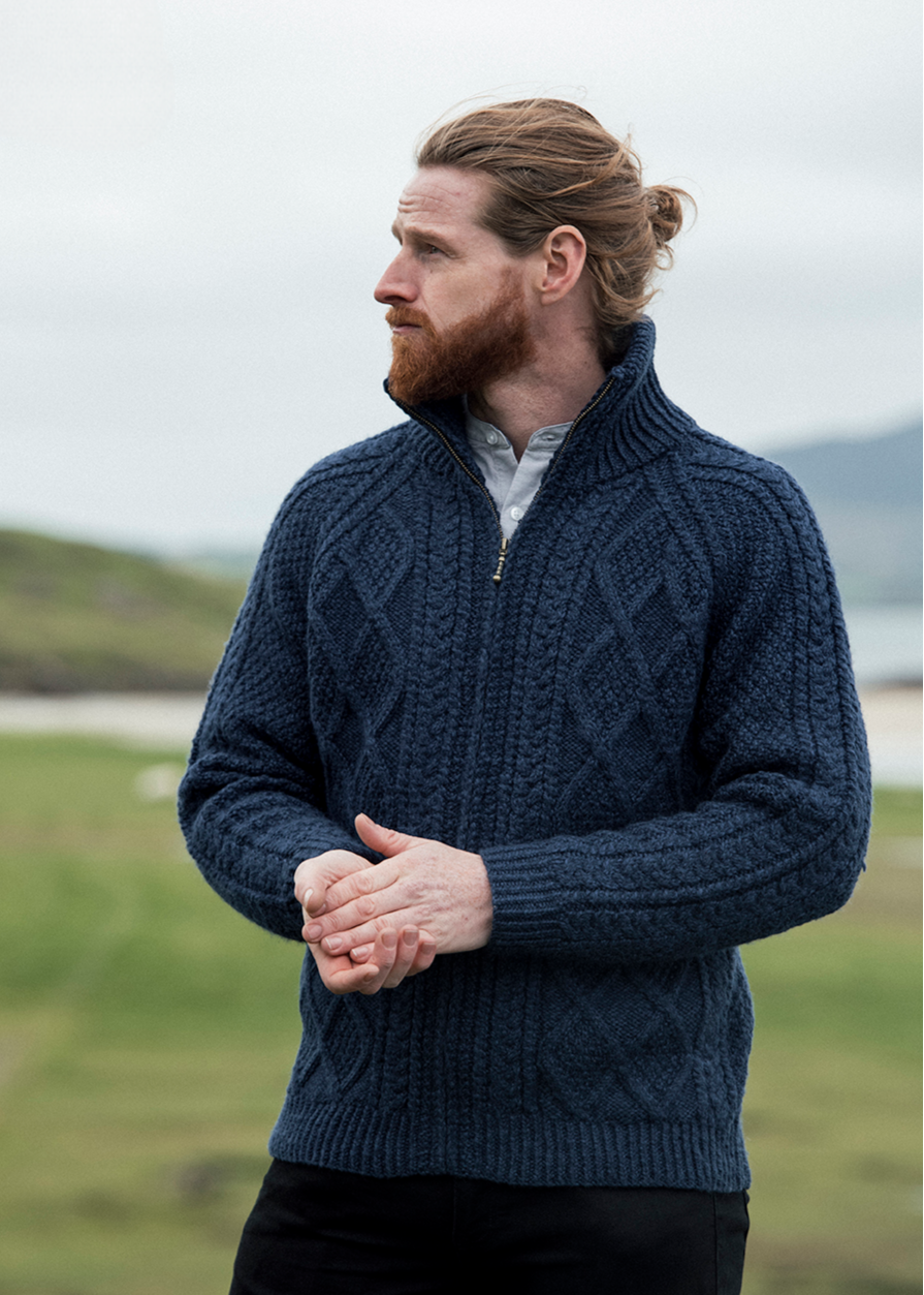Handknit Men's Aran Cardigan | Blue