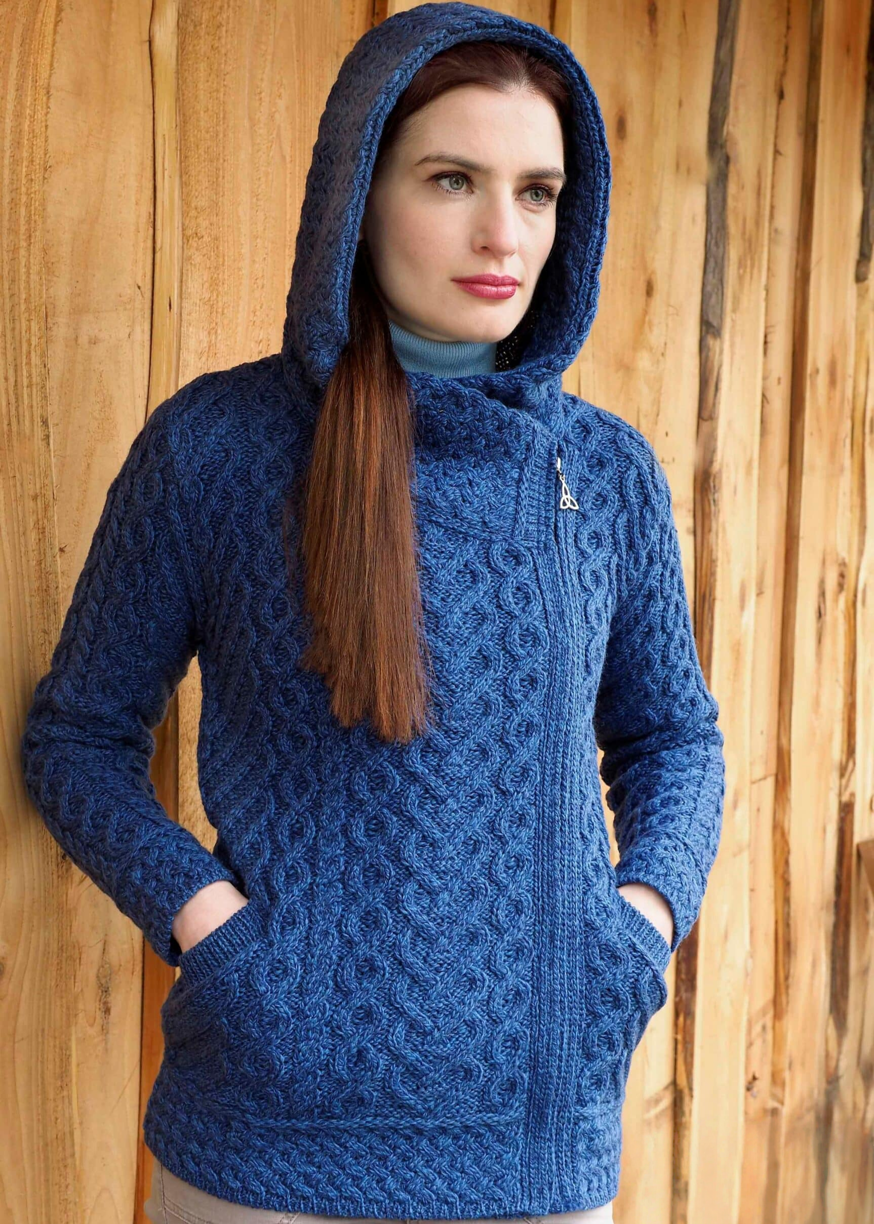 Aran Crafts Side Zip Hooded Cardigan | Blue
