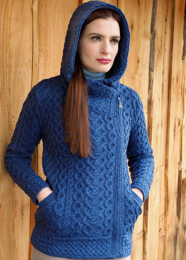 Aran Crafts Side Zip Hooded Cardigan | Blue