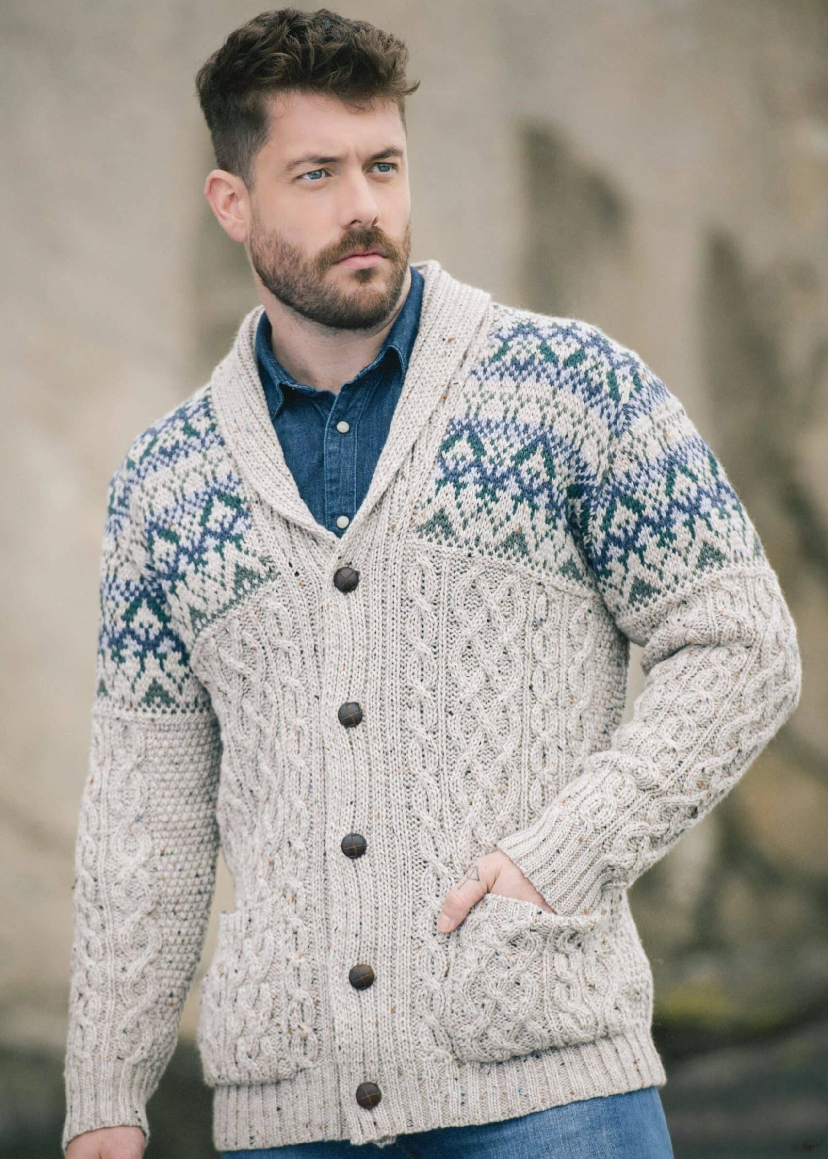 Aran Fairisle Button Cardigan | Oatmeal