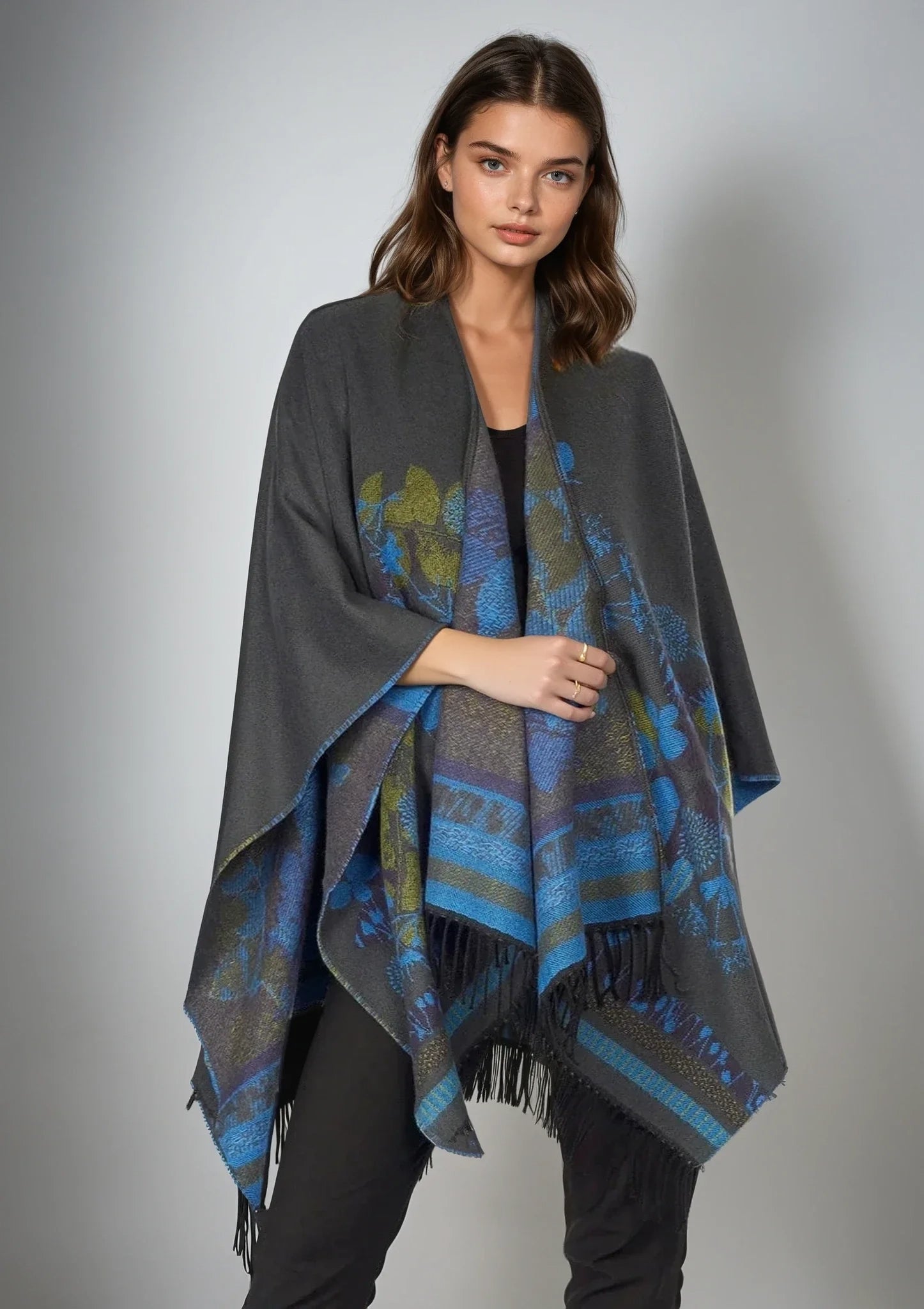 Jimmy Hourihan Fringed Shawl in Grey/Multi