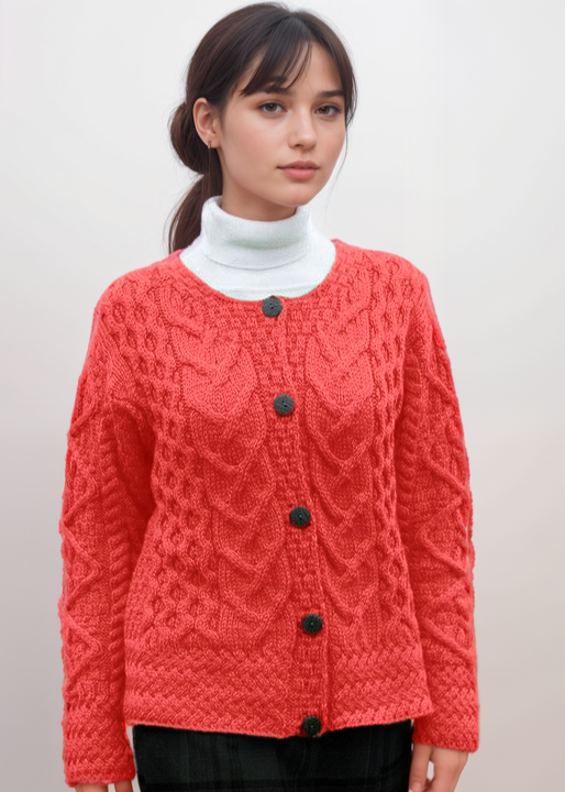 Aran Cable Knit Cardigan | Coral
