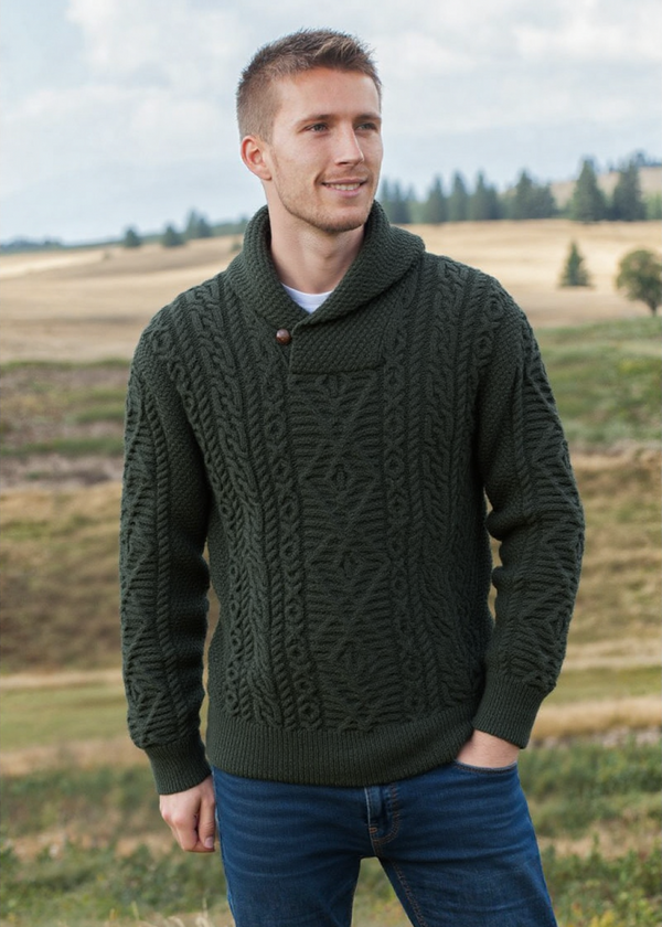 Aran Shawl Neck Sweater | Army Green