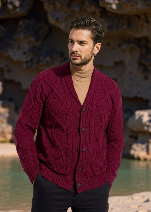 Aran Men's Shawl Button Cardigan | Wine