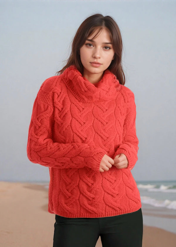 Aran Cowl Neck Chunky Sweater | Coral
