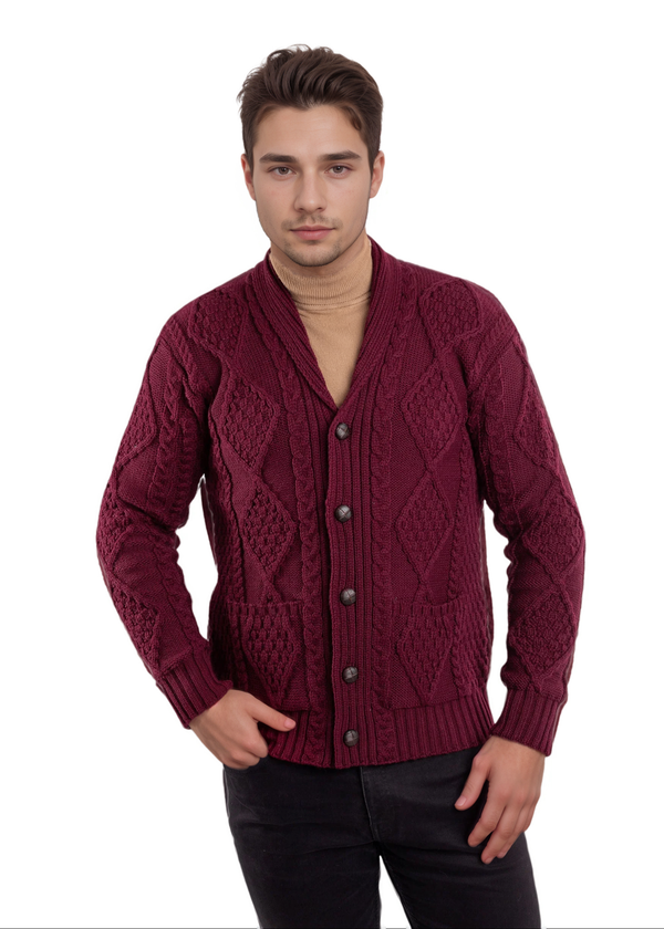 Aran Men's Shawl Button Cardigan | Wine