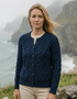 Women's Aran Cardigan Navy Green Mix | Authentic Irish Cable Knit