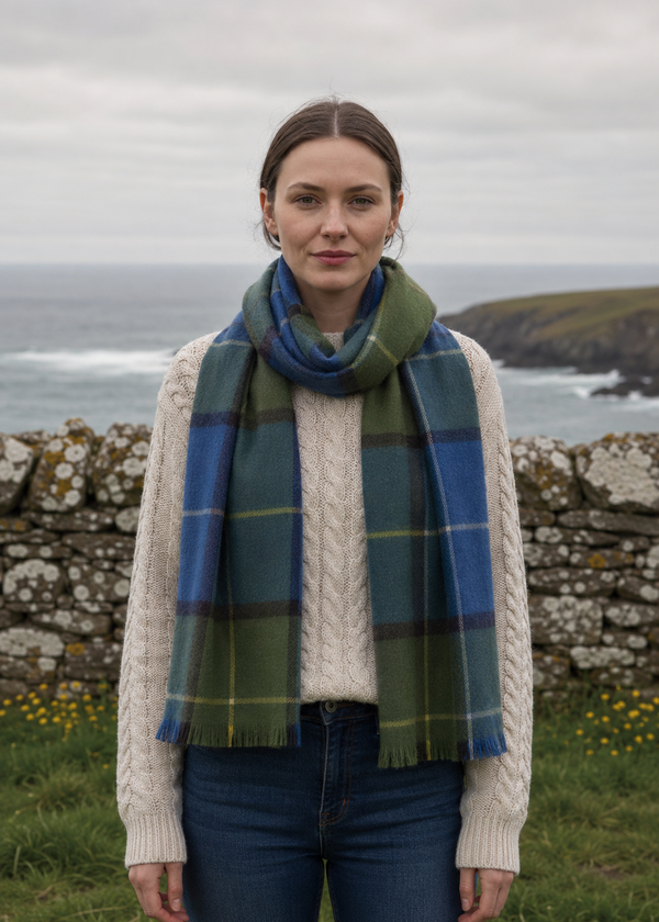 Foxford Giant Merino Scarf | Green Blue Check