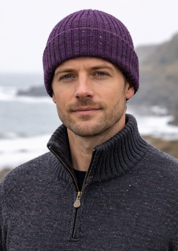 Aran Donegal Fleck Wool Hat - Plum Purple