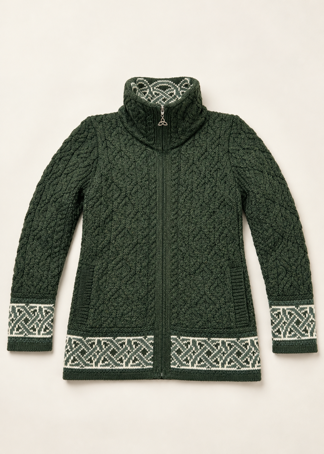 Aran Crafts Celtic Funnel Neck Jacquard Cardigan | Green