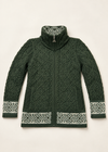 Aran Crafts Celtic Funnel Neck Jacquard Cardigan | Green