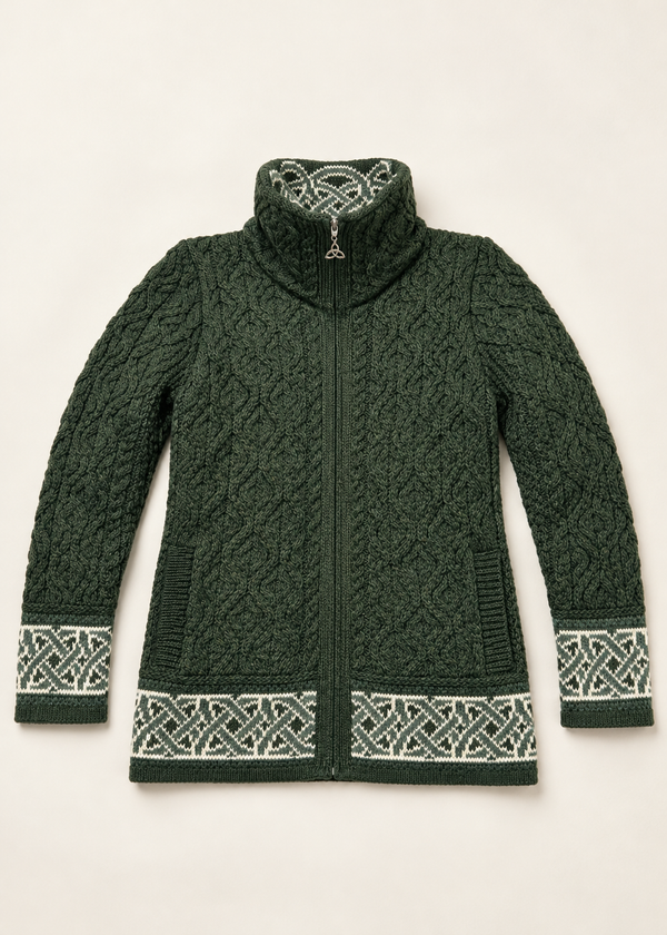 Aran Crafts Celtic Funnel Neck Jacquard Cardigan | Green
