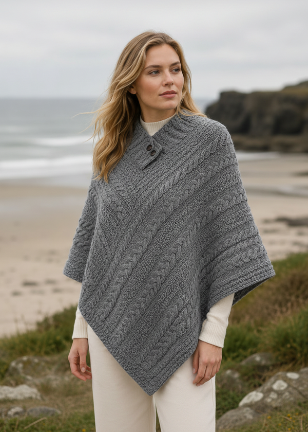 Aran Merino Wool Poncho | Grey