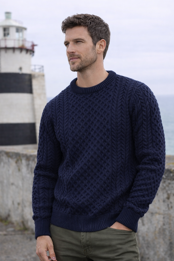 Merino Wool Aran Sweater | Navy - Clearance