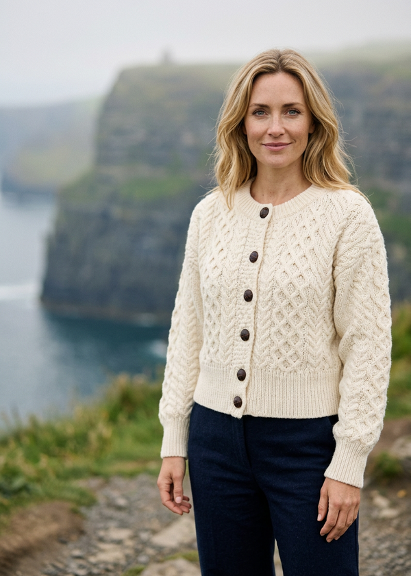 Ladies Merino Cropped Classic Aran Cardigan | White