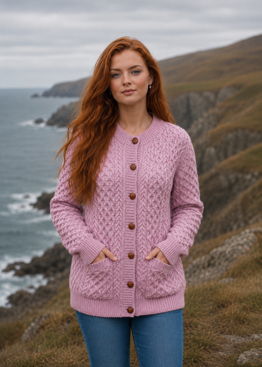 Women's Aran Merino Wool Lumber Cardigan - Rose Ash Pink