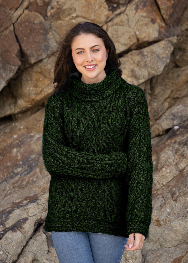 Aran Cowl Neck Women's Sweater | Green