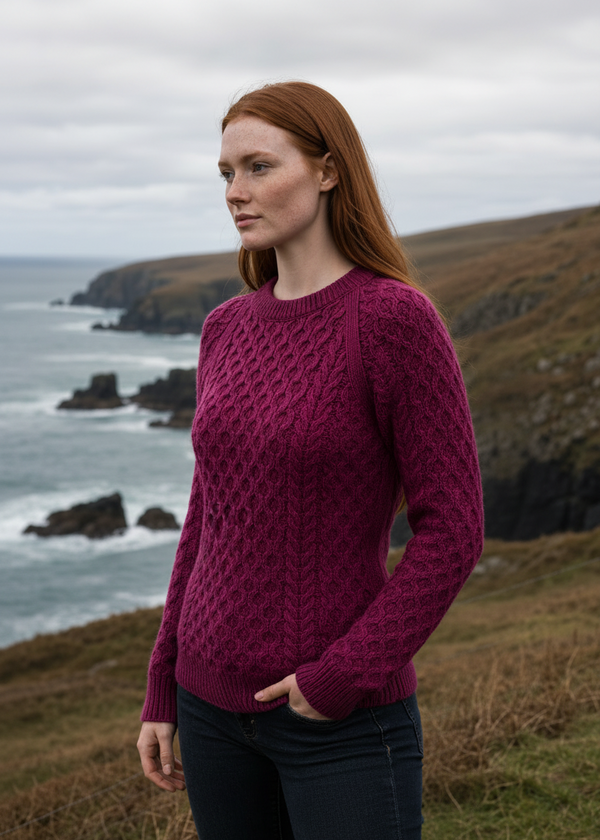 Women's Slim-Fit Aran Sweater in Raspberry | Premium Merino Wool