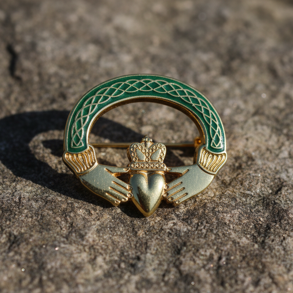 Gold Plated Green Claddagh Brooch