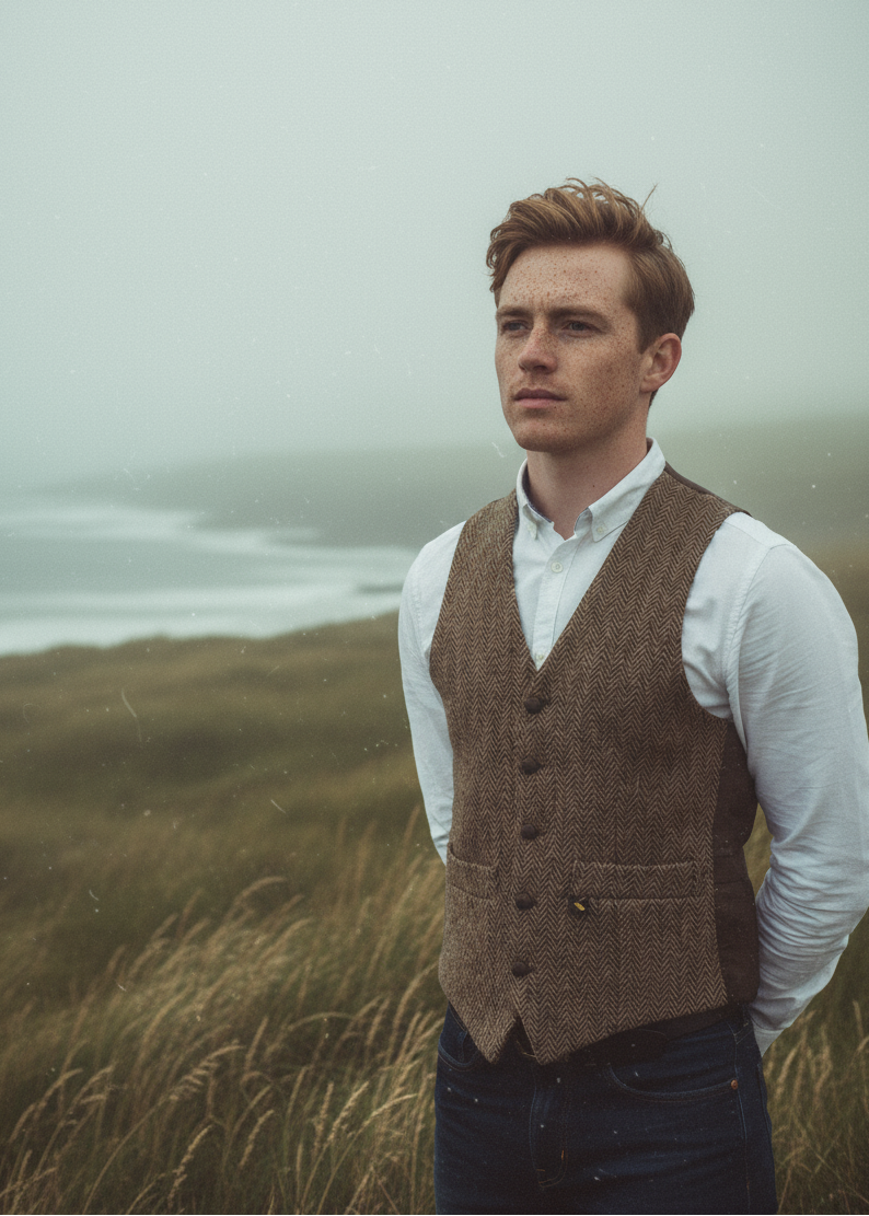 Man wearing a brown tweed hatman waistcoat vest over a white shirt in a grassy field with a misty background