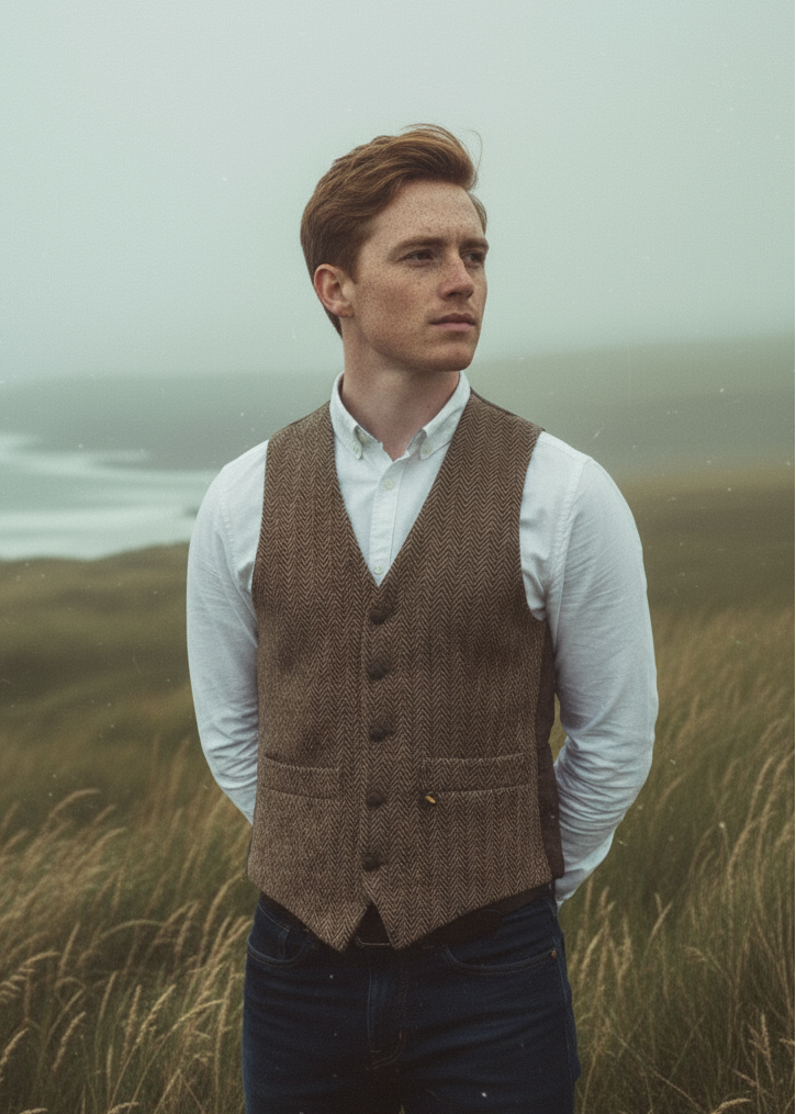 Man wearing a brown hatman waistcoat over a white shirt in a grassy field with a misty background
