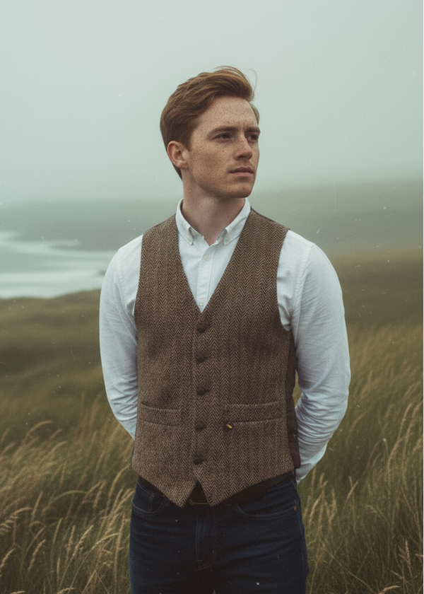 Man wearing a brown hatman waistcoat over a white shirt in a grassy field with a misty background