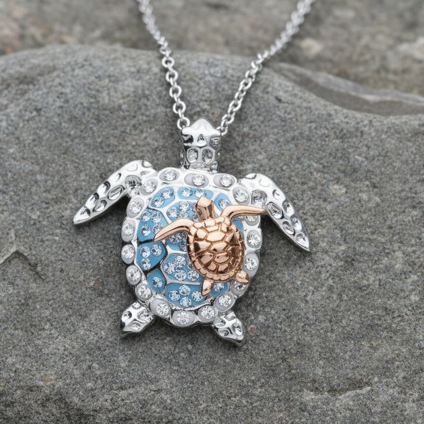 Turtle Necklace Mother & Baby With Swarovski® Crystals