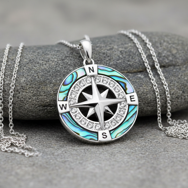 Abalone Compass Necklace With Aqua Swarovski Crystals