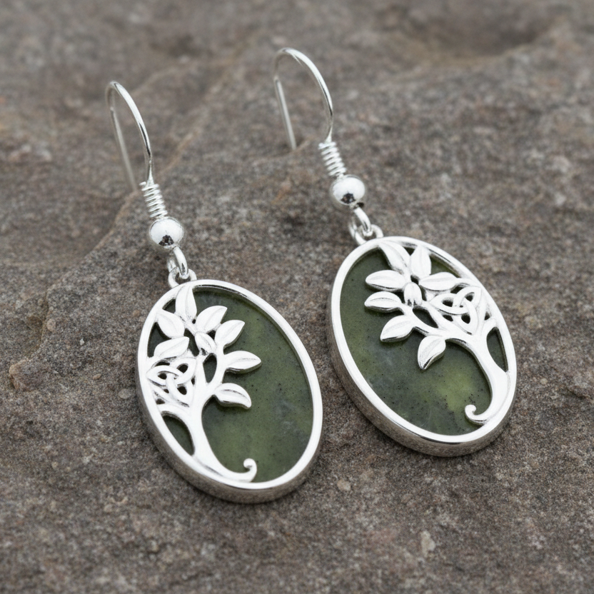 Connemara Marble Tree of Life Sterling Silver Drop Earrings - Irish Hallmarked