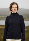 IrelandsEye Women's Polo Neck Aran Sweater | Navy