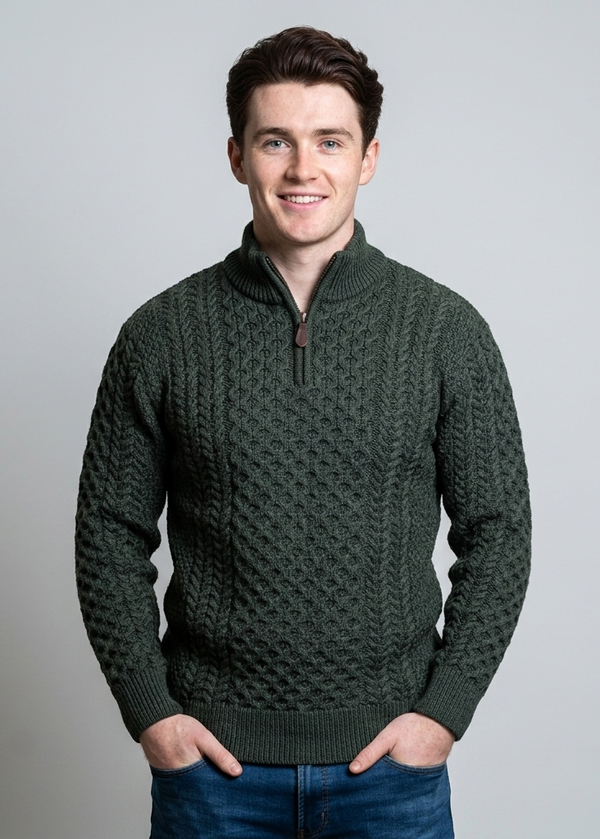 Aran Cable Knit Half Zip Sweater | 100% Merino Wool | Green