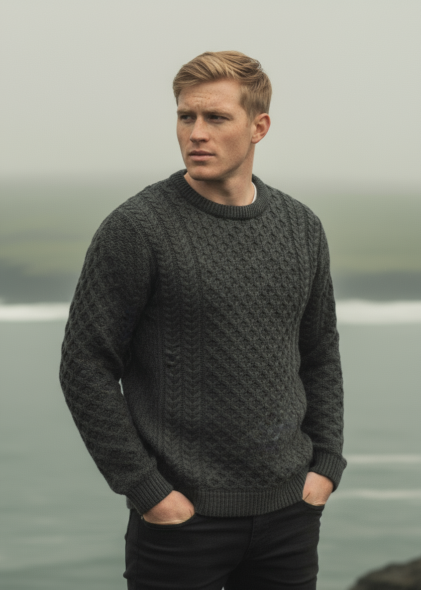 Aran Crew Neck Merino Sweater | Charcoal