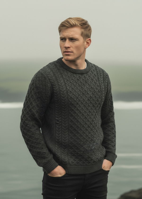 Aran Crew Neck Merino Sweater | Charcoal