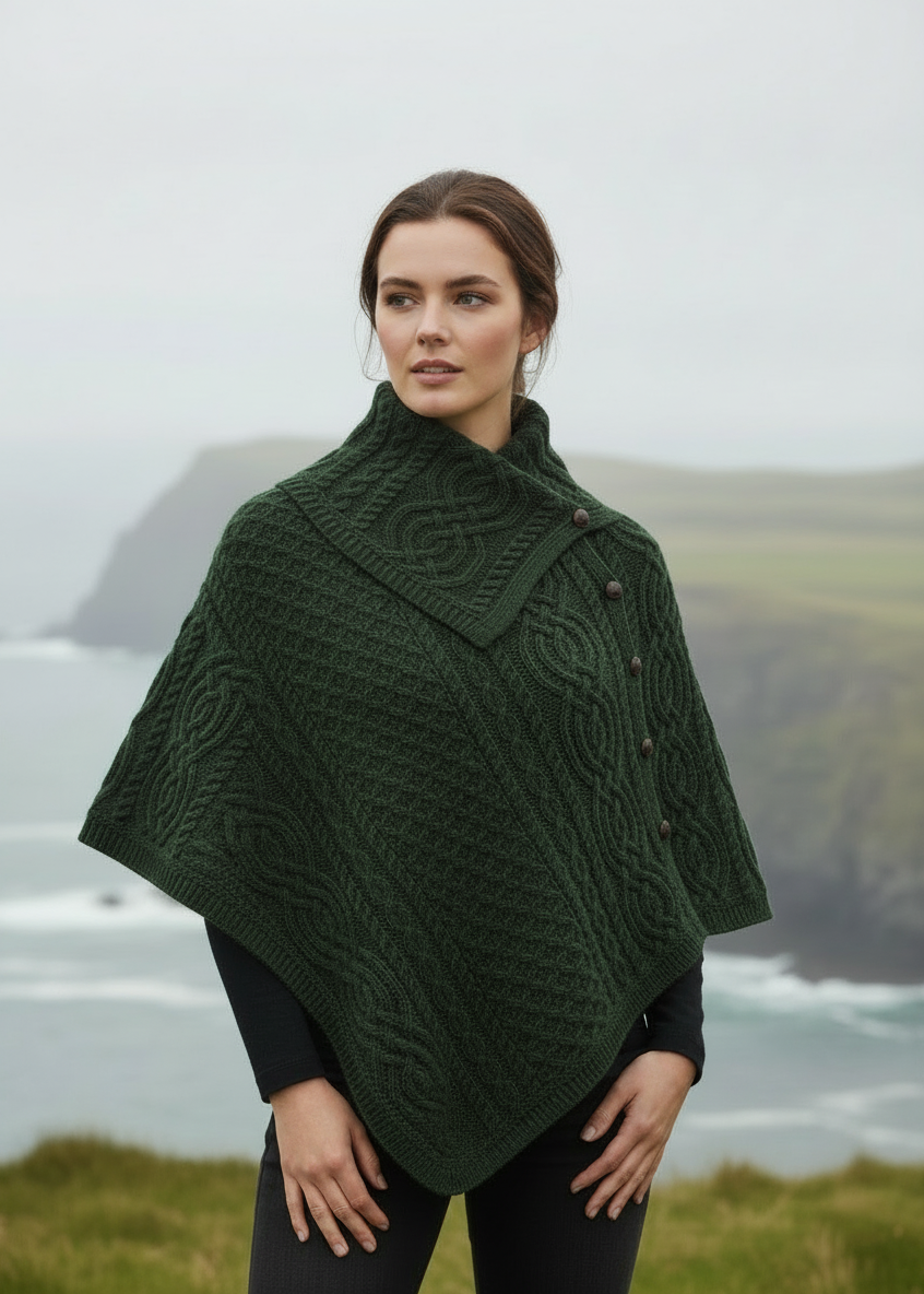 Aran Tipperary Cowl Neck Poncho | Green