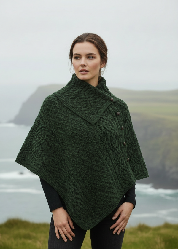 Aran Tipperary Cowl Neck Poncho | Green