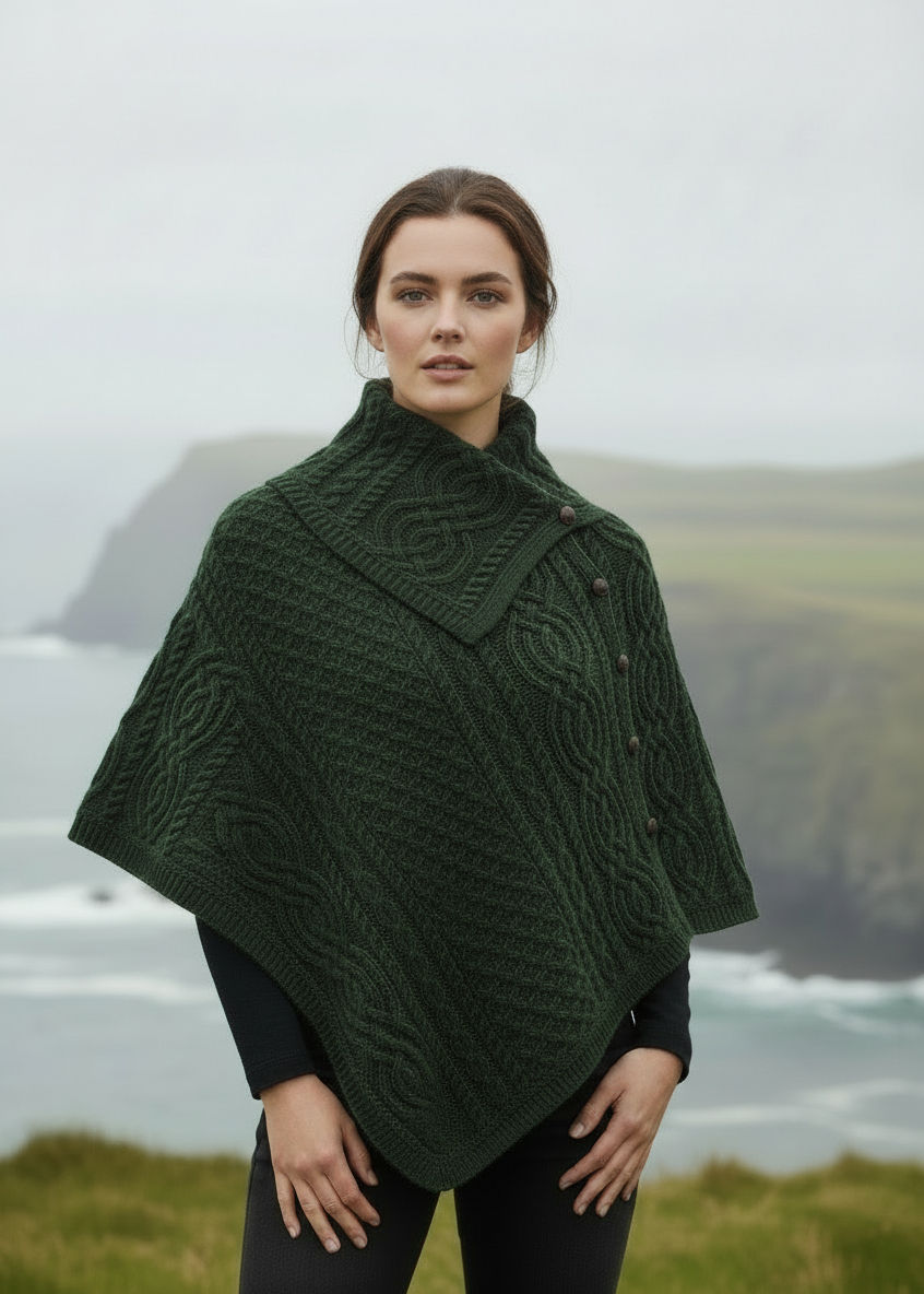 Aran Tipperary Cowl Neck Poncho | Green