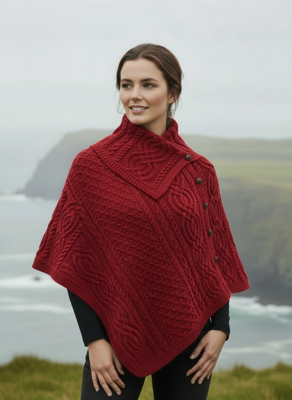 Aran Tipperary Cowl Neck Poncho | Red - Clearance