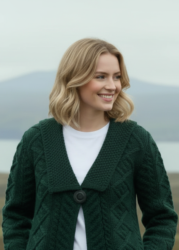 Beltra One Button Aran Cardigan Green | Irish Merino Wool - Clearance
