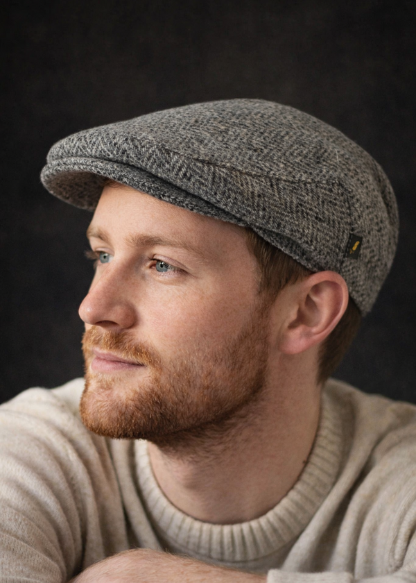 Donegal Tweed Flat Cap | Silver Herringbone | Handcrafted Irish Heritage