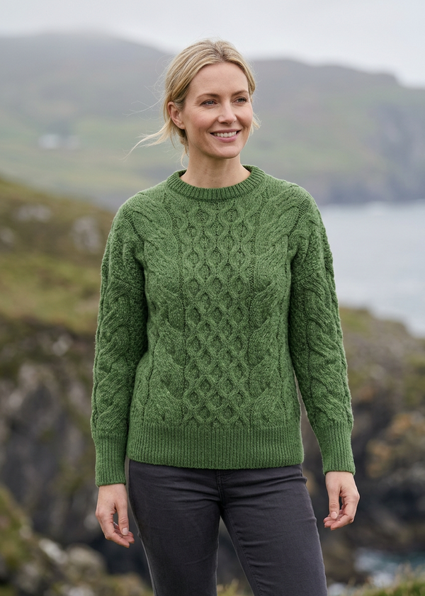 Ladies Long Crop Cable Supersoft Merino Aran Sweater | Meadow Green