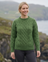Ladies Long Crop Cable Supersoft Merino Aran Sweater | Meadow Green
