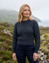Ladies Merino Cropped Classic Aran Sweater | Charcoal