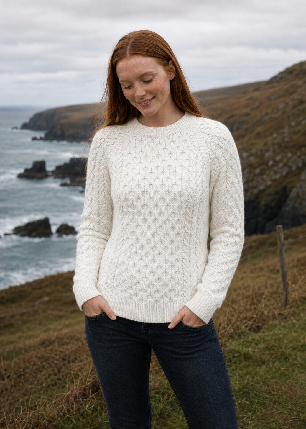 Ladies Slim-Fit Aran Sweater | Premium Merino Wool | Natural