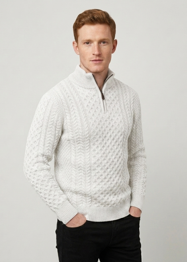 Men's Aran Half Zip Sweater - Natural | 100% Merino Wool