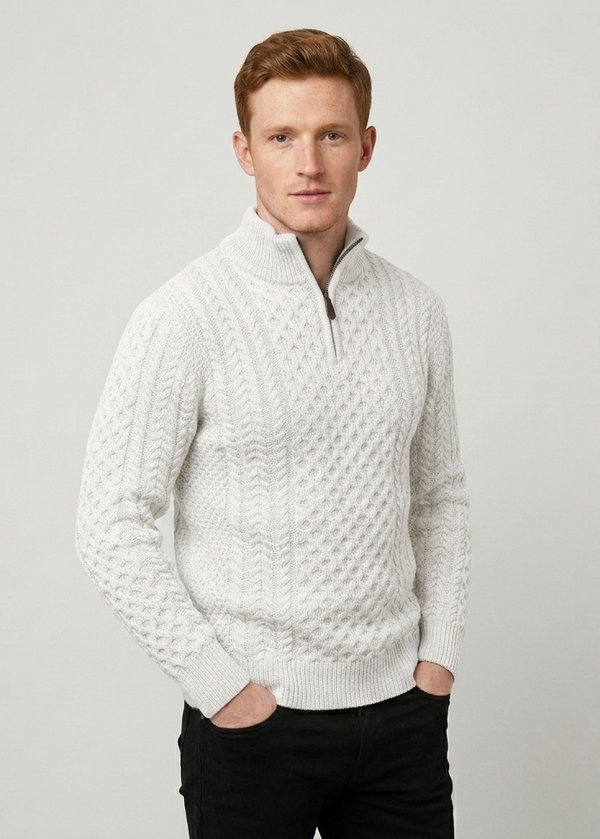 Men's Aran Half Zip Sweater - Natural | 100% Merino Wool