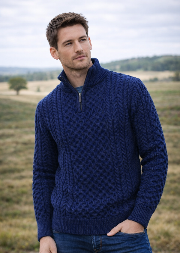 Men's Aran Half Zip Sweater | Deep Water Blue