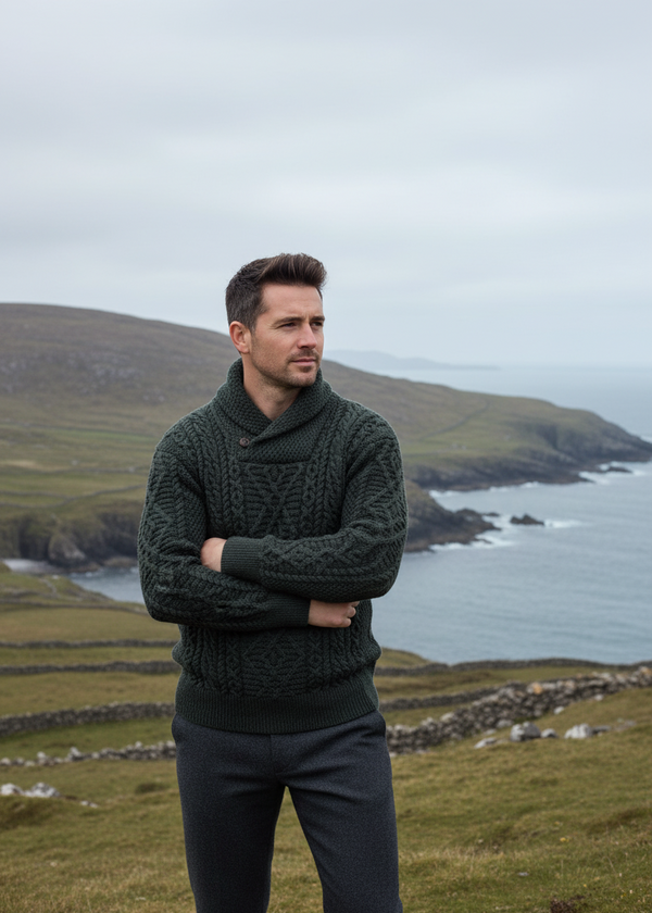 Men's Aran Shawl Neck Sweater | Army Green | 100% Merino Wool